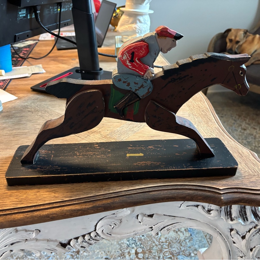 Vintage Folkart Wooden Horse and Jockey Figurine
